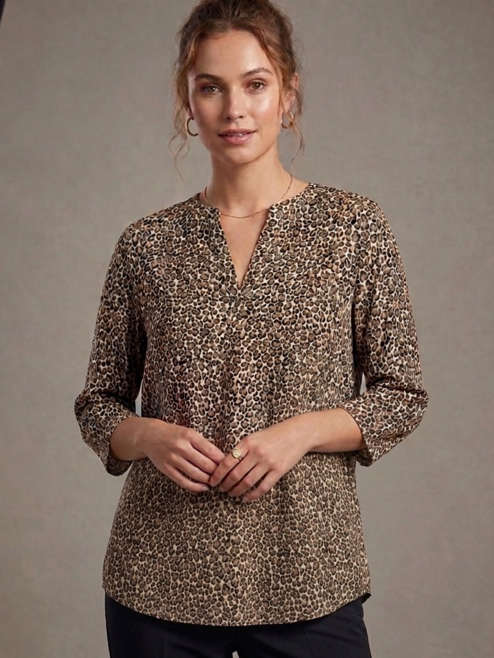 Jasmine & Juliana Leopard Print V-Neck Top in Brown and Cream